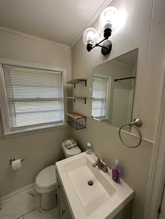 a bathroom with a sink mirror and toilet