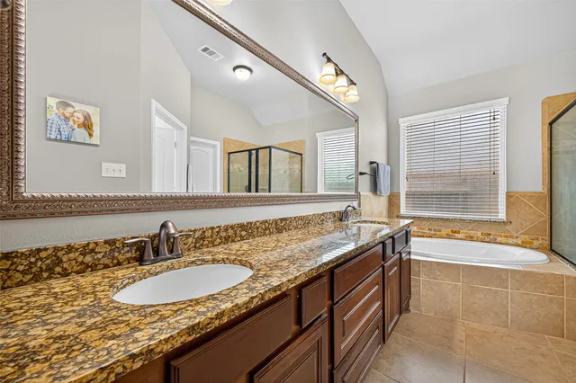 a bathroom with a granite countertop sink a mirror and shower