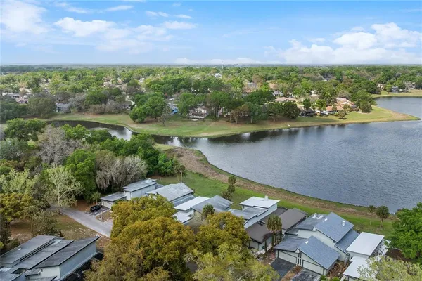 an aerial view of a house with a garden
