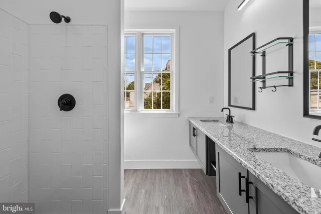 a bathroom with a granite countertop sink a mirror and shower