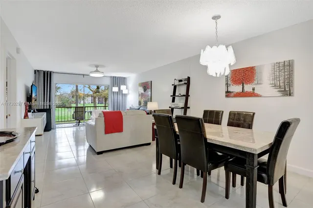 a view of a dining room with furniture wooden floor and chandelier