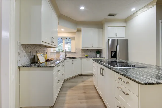 a view of a dining room with furniture