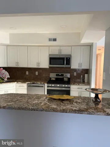 a kitchen with stainless steel appliances granite countertop a stove a sink a microwave a refrigerator and cabinets