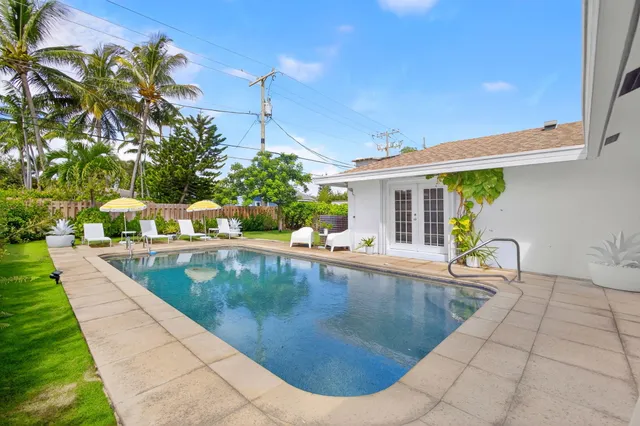 a garden view with a seating space