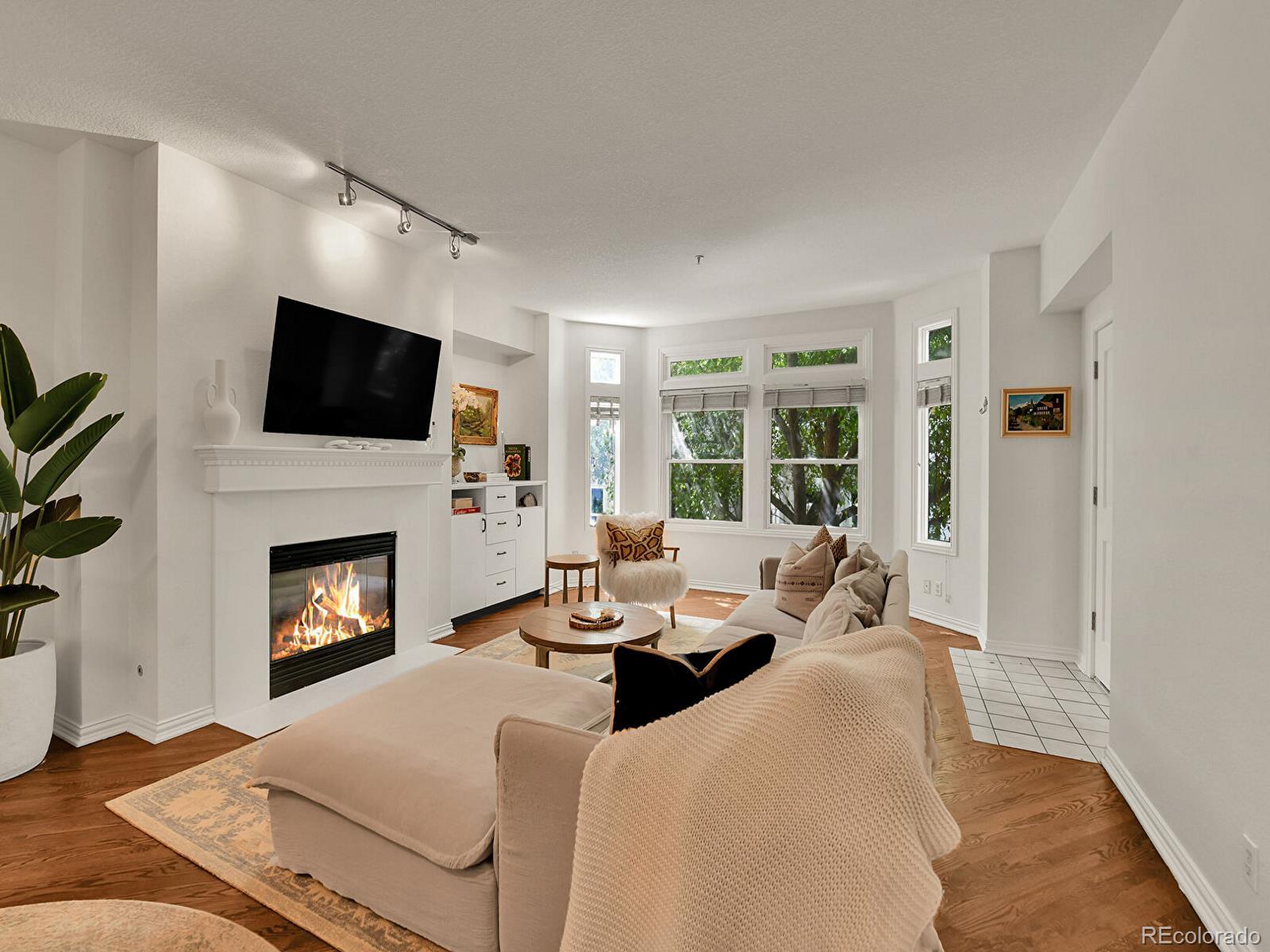 45 Jackson Street, Unit D Denver, CO 80206 - Photo 2 of 29 a living room with furniture a fireplace and a flat screen tv