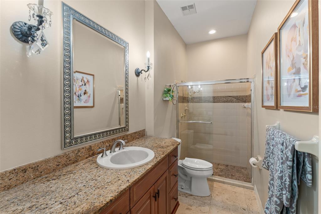 9731 Chestnut Ridge Drive Windermere, FL 34786 - Photo 34 of 57 a bathroom with a granite countertop sink a toilet a mirror and shower