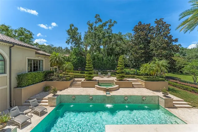 a swimming pool with outdoor seating and yard