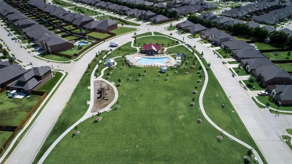 an aerial view of a swimming pool