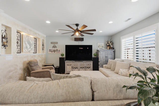 1652 West 800 South Lehi, UT 84043 - Photo 5 of 27 Living room featuring a ceiling fan and recessed lighting