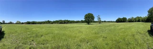 a view of a green field with trees in the background