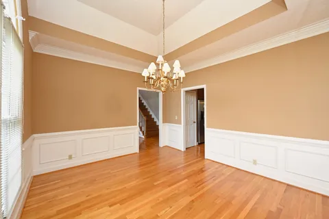 a view of a chandelier in a room