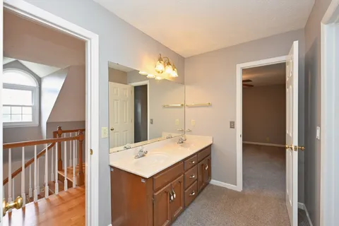 a bathroom with a sink vanity and a mirror