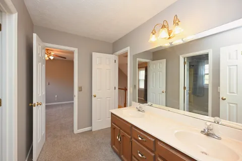 a bathroom with a sink double vanity and a mirror