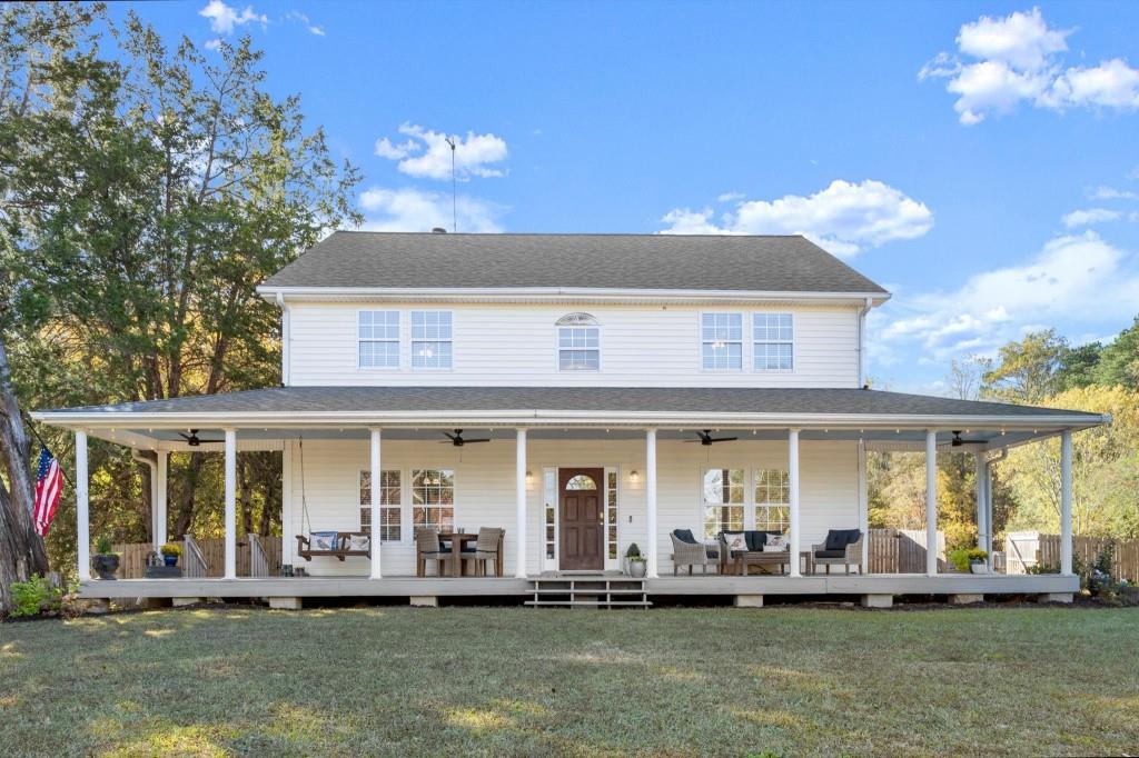 front view of a building with a swimming pool