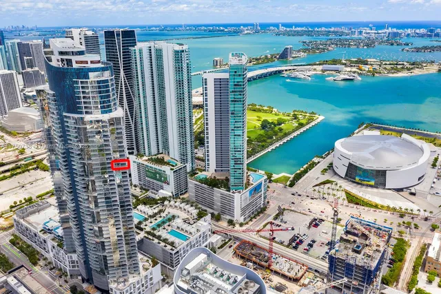 a city view with tall buildings
