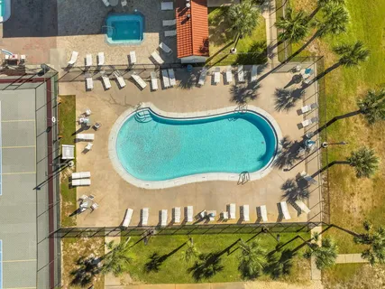 an aerial view of a swimming pool