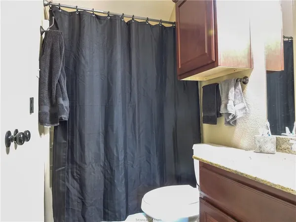 a bathroom with a sink a toilet and shower curtain