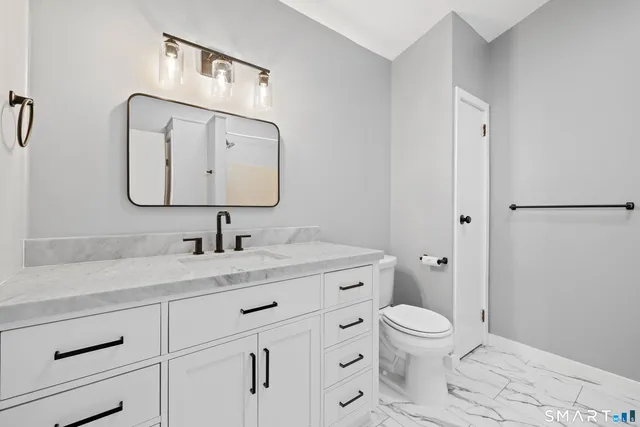 a bathroom with a toilet sink vanity and mirror