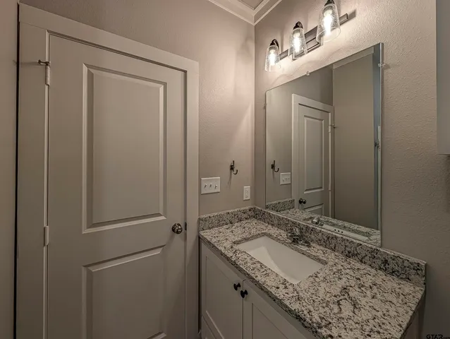 a bathroom with a granite countertop sink and mirror