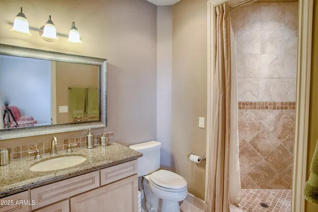 a bathroom with a granite countertop sink toilet and shower