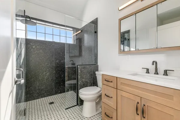 a bathroom with a sink toilet and shower