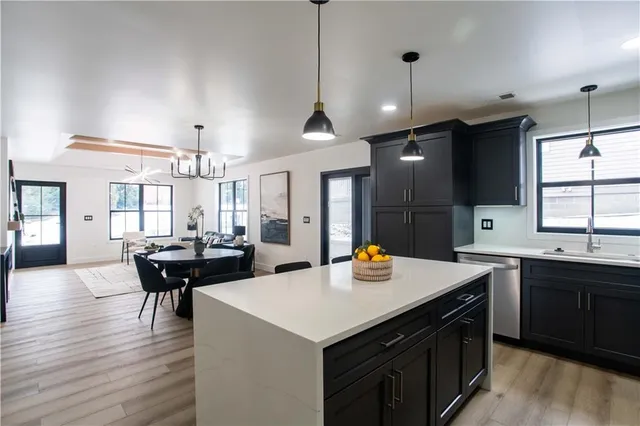 a kitchen with a sink a counter space appliances and cabinets