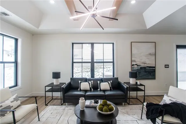 a living room with furniture and a potted plant