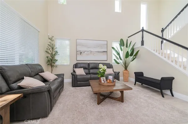 a living room with furniture and a potted plant
