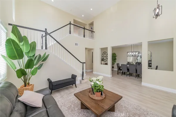 a living room with furniture and a potted plant