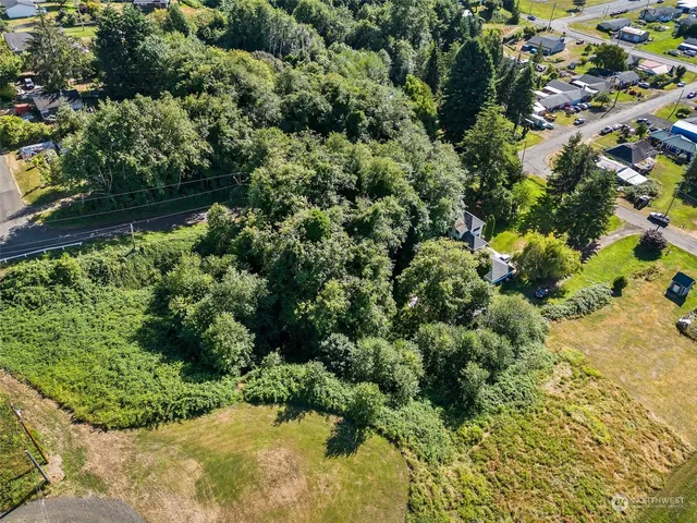 an aerial view of a house with a yard