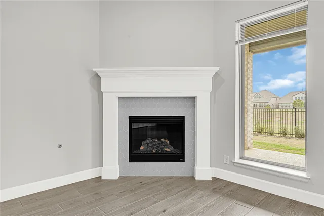 a white building with a fireplace
