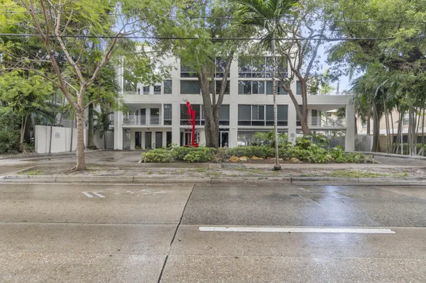 front view of a building with a street