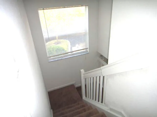 a view of a hallway with windows