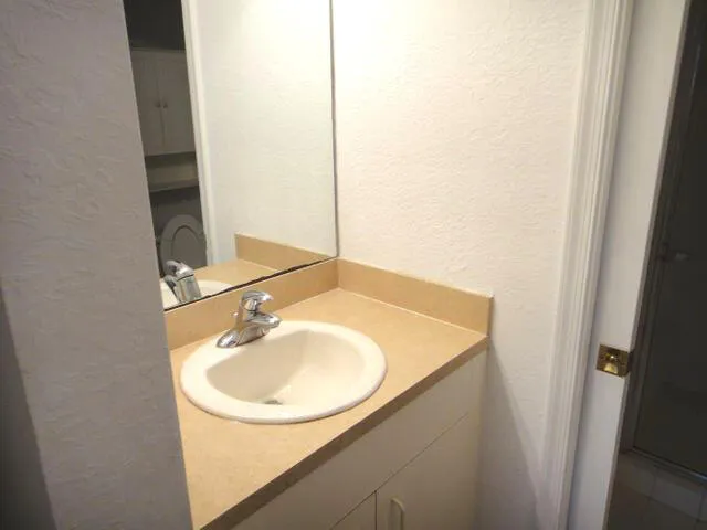 a bathroom with a sink and a mirror