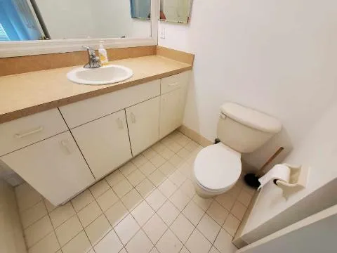 a bathroom with a sink toilet and mirror