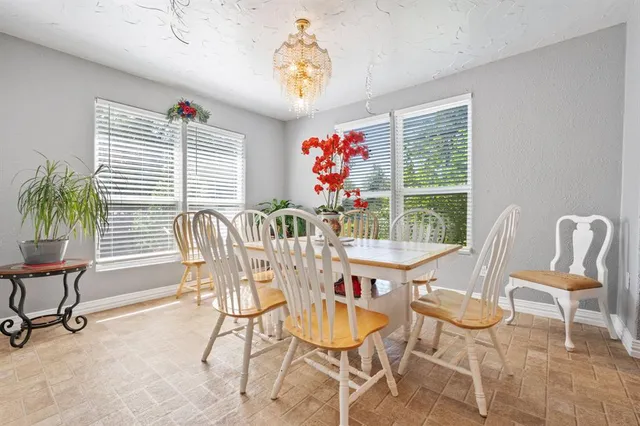 a view of a dining room with furniture window and outside view
