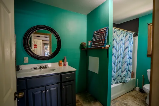 a bathroom with a sink a mirror and a toilet