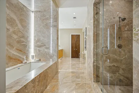 a bathroom with a bathtub and a shower