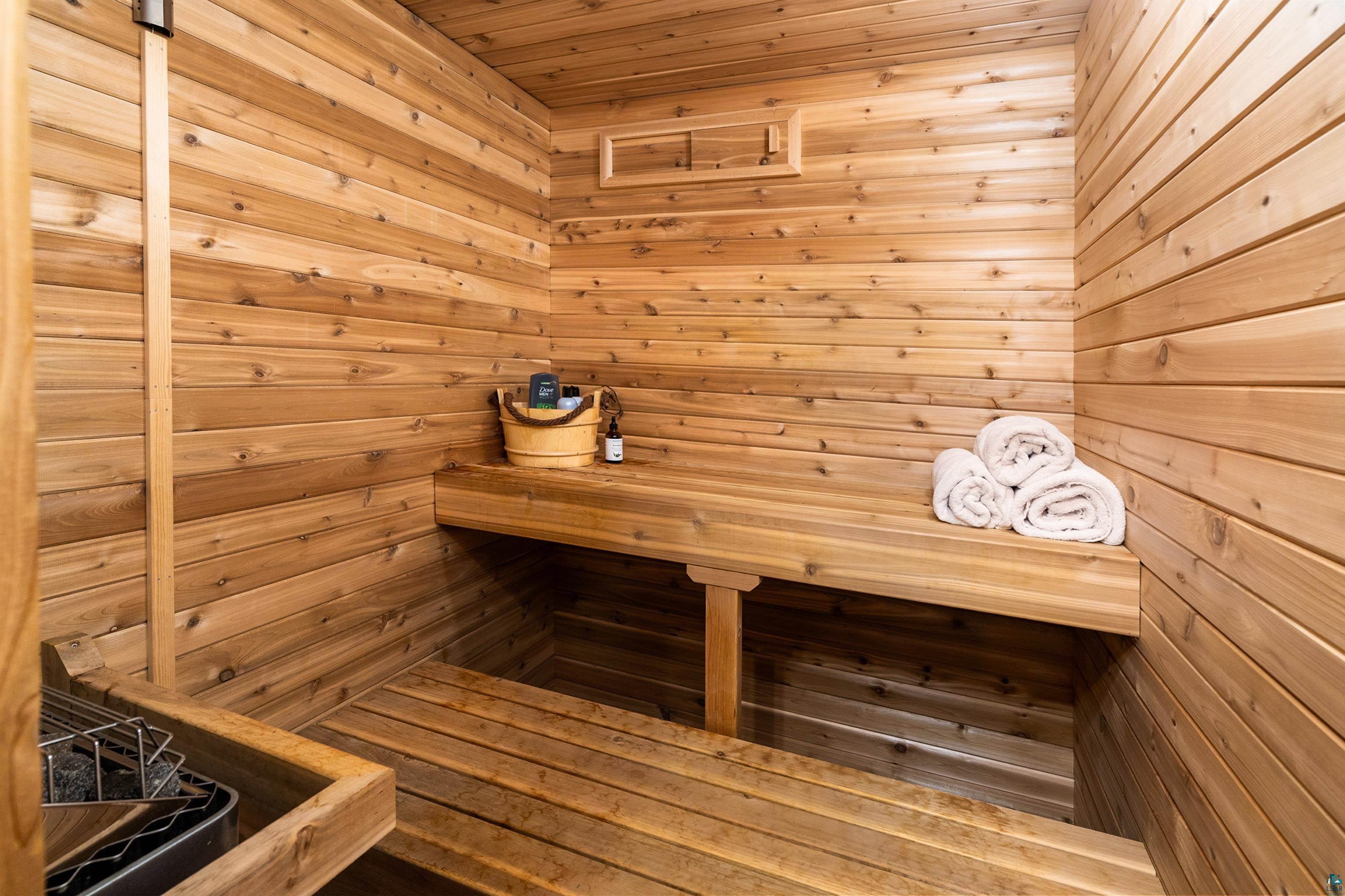 75 East Stark Road Esko, MN 55733 - Photo 43 of 87 Sauna interior featuring light wood paneling, built-in wooden benches, and a visible sauna heater
