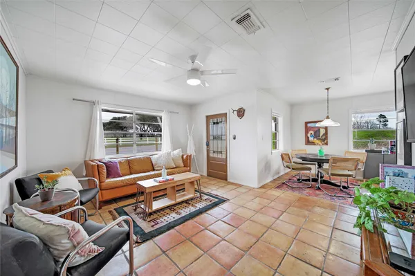 a living room with furniture a table and a potted plant