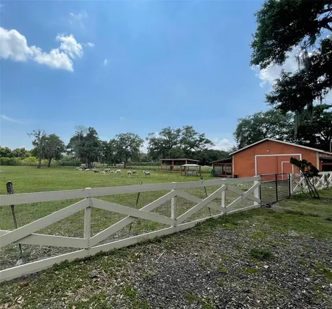 a view of a swimming pool with a yard and large trees