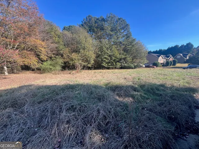 a view of large trees and mountains in the background