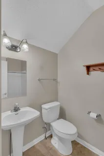 a bathroom with a toilet a sink and mirror