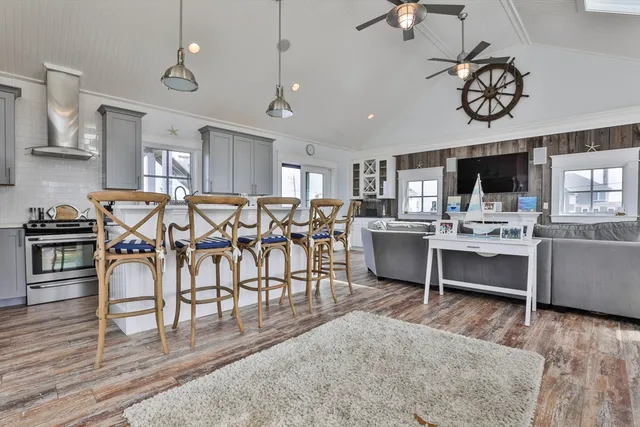 a view of a dining room kitchen and a window