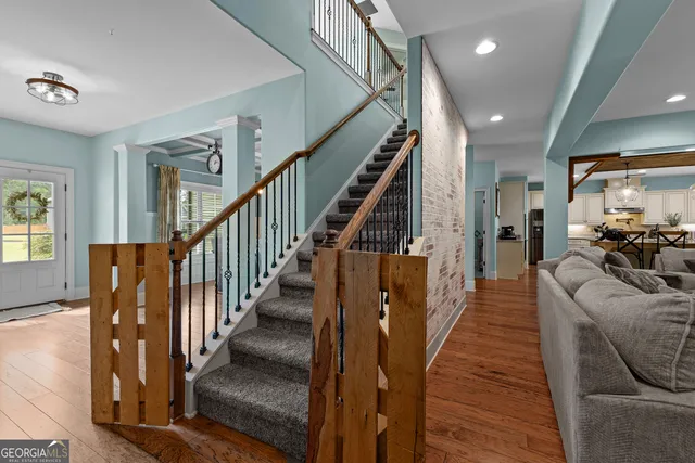 a view of a hallway with workspace