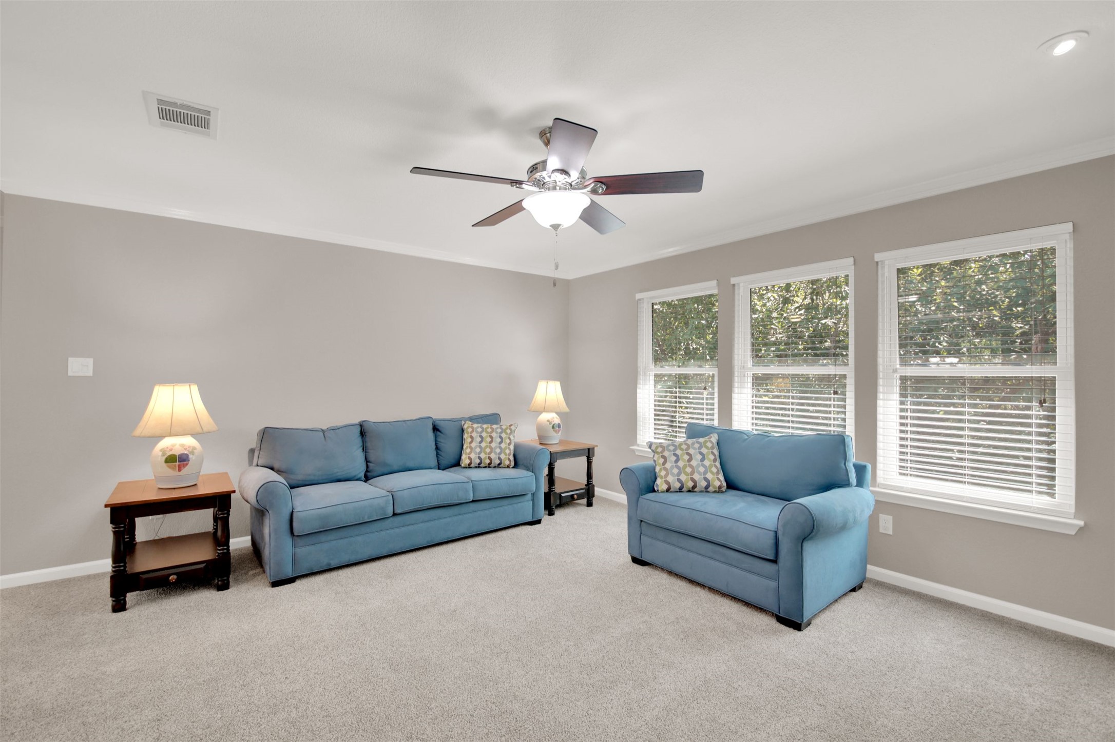 1210 Mathias Street Cedar Park, TX 78613 - Photo 17 of 31 Carpeted living area with crown molding and a ceiling fan
