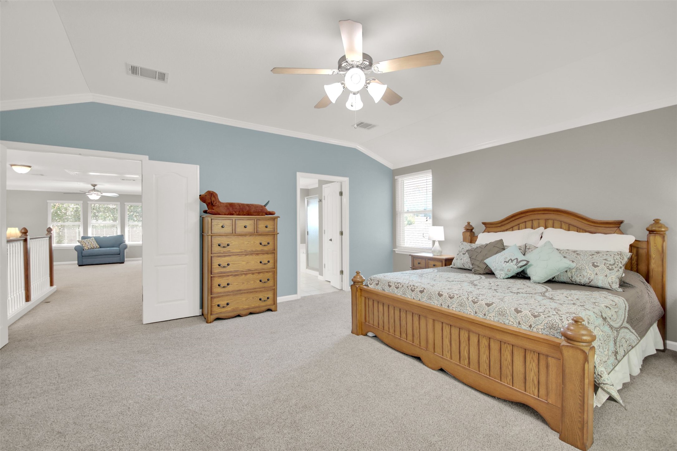 1210 Mathias Street Cedar Park, TX 78613 - Photo 20 of 31 Bedroom featuring lofted ceiling, crown molding, carpet, and a ceiling fan