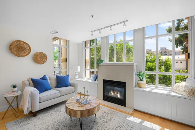 a living room with furniture and a fireplace