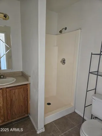 a bathroom with a shower and toilet