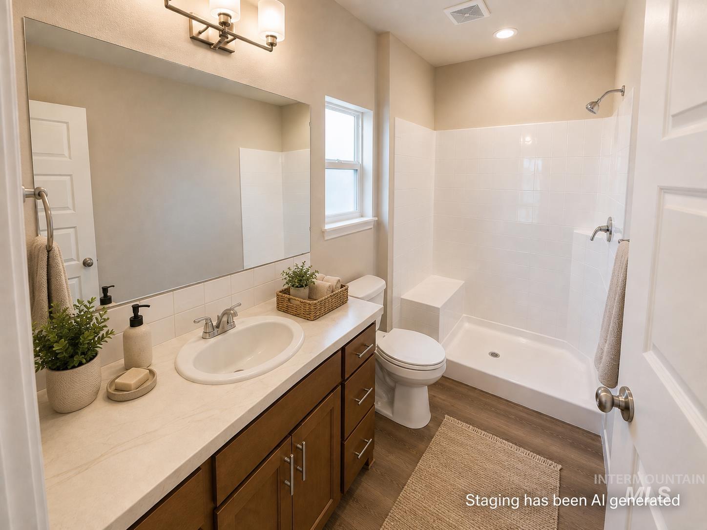 983 Quartz Road Kimberly, ID 83341 - Photo 13 of 18 Bathroom featuring a wide vanity with a single basin, wood-finish cabinetry, a large mirror, a separate shower with a built-in bench, and wood-finish flooring